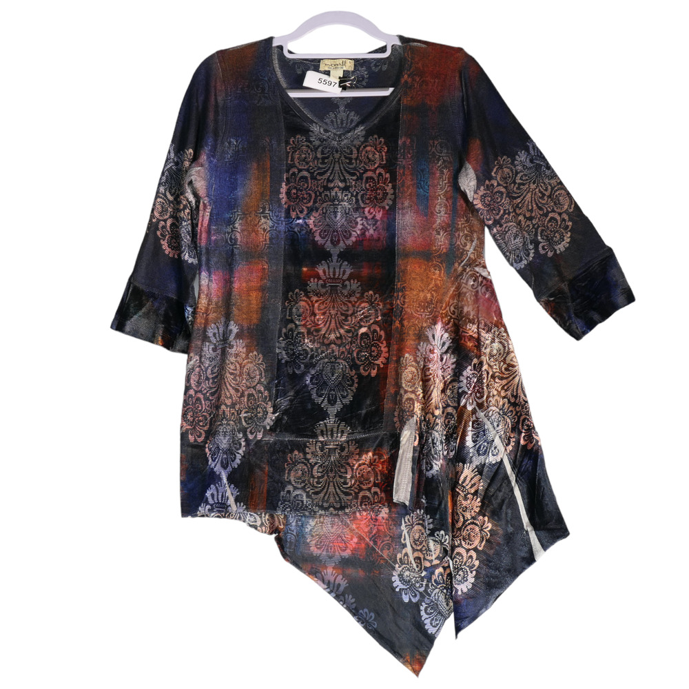 One World Tunic Knit Top Womens S Mixed Media Velour Stretch Velvet Asymmerical